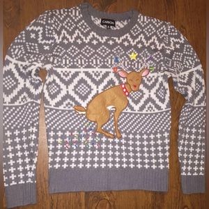 CARBON Ugly Christmas Sweater Reindeer Pooping Christmas Lights Gray & White S